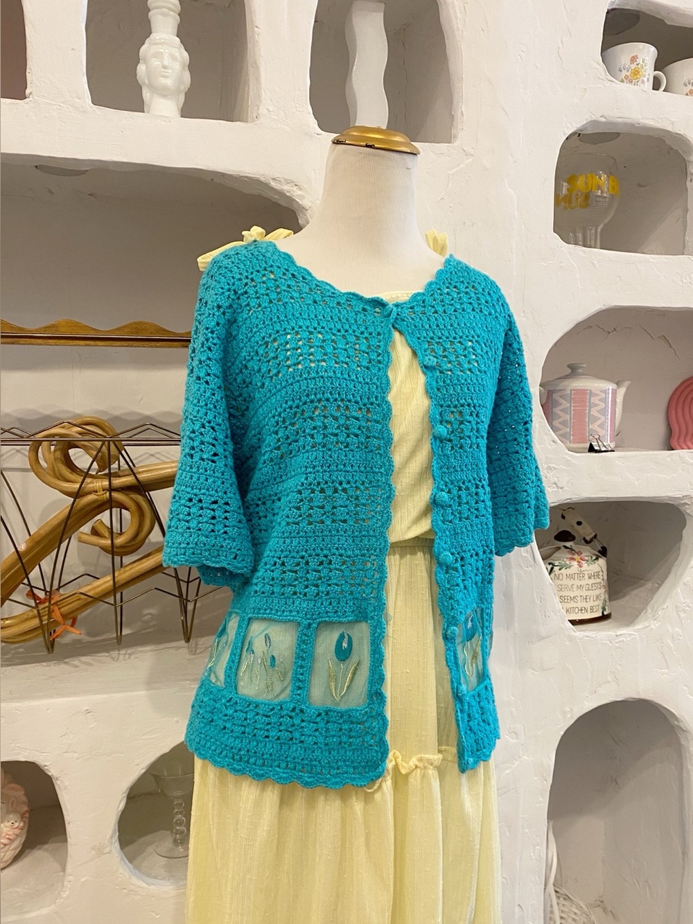 Vintage Crocheted Turquoise Button Up Short Sleeve Cardigan Sweater Grandma Core